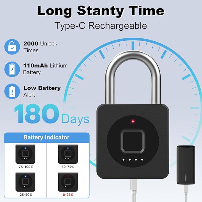 Gym Locker Padlock eLinkSmart Fingerprint Mobile APP Unlock Remote Management Outdoor Waterproof Keyless Biometric Padlock for Gym Luggage Bags Locker Storage Tool Box Gun Case Footlocker Black