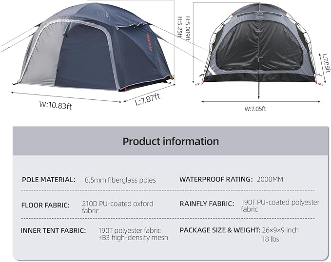 EchoSmile Tents for Camping, Waterproof Windproof Tent with Multi-Pole, 3-5 Person Spacious Dome Tent with Expandable Space for Shoes, Packs & Wet Items, Easy Setup Tent for Camping & Hiking
