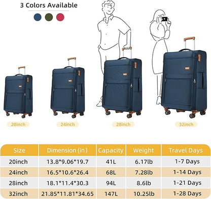 LARVENDER Luggage Sets 4 Piece, Softside Carry On Luggage Suitcase Set with 360° Spinner Wheels for Women Men(32/28/24/20) Navy Blue