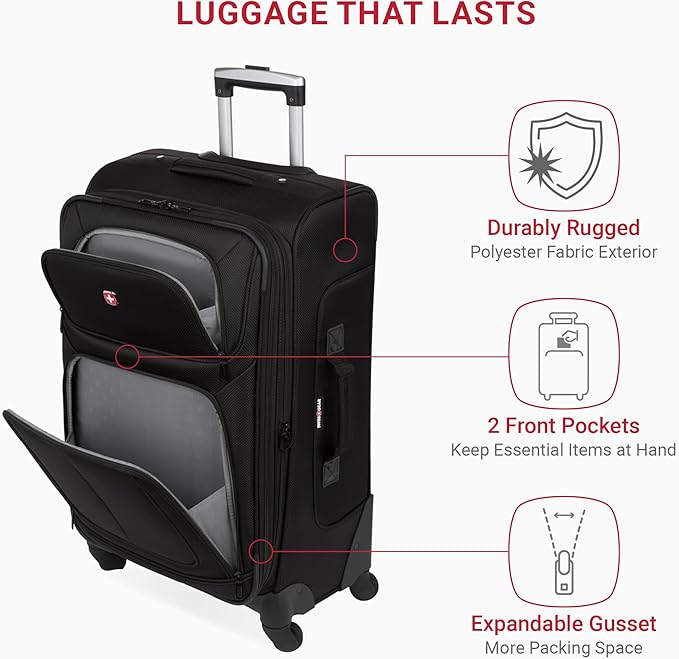 SwissGear Sion Softside Expandable Luggage – Medium Checked Suitcase with 360 Degree Wheels & Retractable Handle – 25 Inch, Perfect for 1-7 Night Trips – Black
