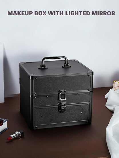 Qislee Makeup Box with Drawer and Four Trays, A Detachable Lighted Mirror, Waterproof Travel Train Case, Cosmetic Organizer and Makeup Suitcase with Magnetic LED Mirror(Black)