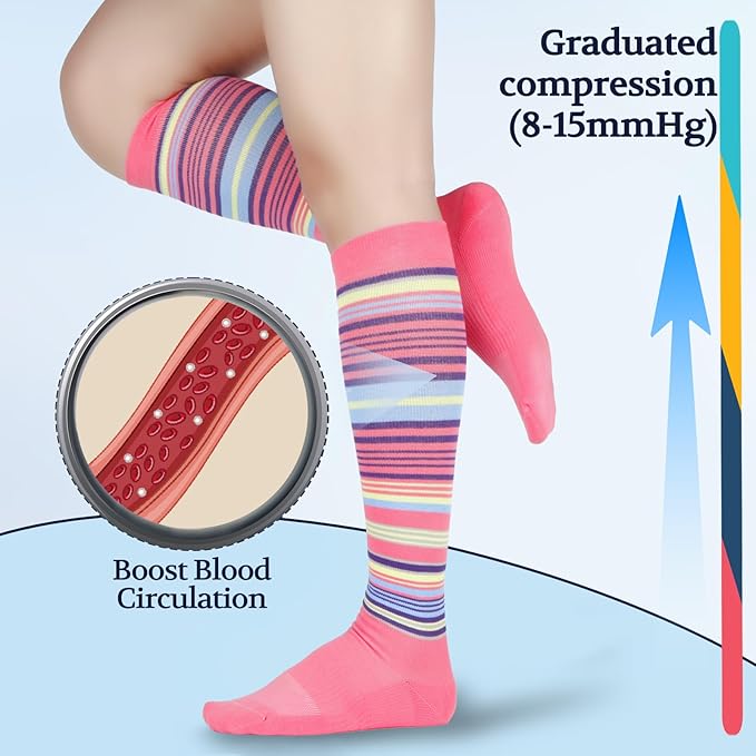 LIN PERFORMANCE Compression Socks for Women and Men 3 Pairs 8-15 mmHg Cotton Knee High Support Socks for Travel Sport