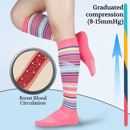 LIN PERFORMANCE Compression Socks for Women and Men 3 Pairs 8-15 mmHg Cotton Knee High Support Socks for Travel Sport