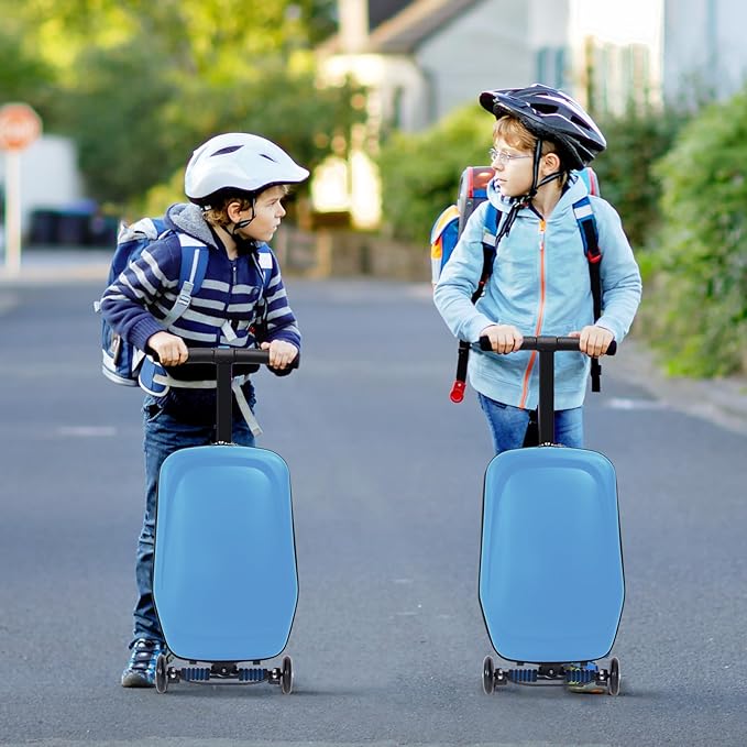 Apelila 20" Scooter Suitcase for Kids, 2-in-1 Ride On Luggage with Wheels for Boys & Girls Ages 4-15, Foldable Hardshell Carry On Lightweight Travel Suitcase for Airplane (Light Blue)