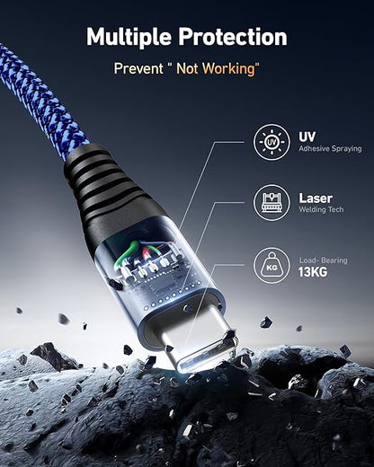 USB C to C Cable 60W, 10FT Long USB Type C Fast Charging Cable for Car Durable Braided iPhone USB C Charger Cable USBC to USBC Cord for iPhone 17/16/15/Pro Max/Plus, Samsung Galaxy and More-Blue