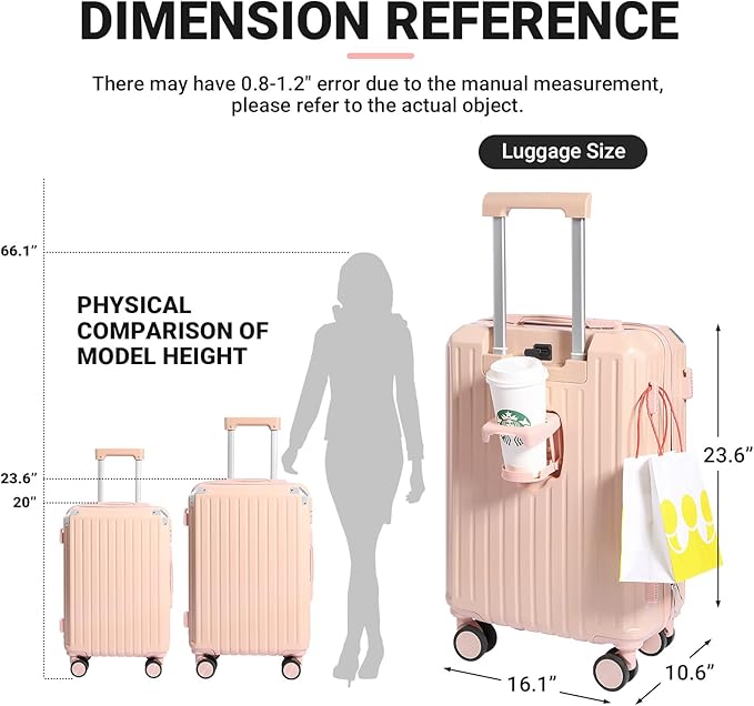 Luggage Set 3 Piece with Cup Holder and USB Charging Port, Hard Side Carry-on Luggage with Spinner Wheels, Lightweight Luggage for Travel, Business (Pink+Bag, Carry-On 20-Inch)