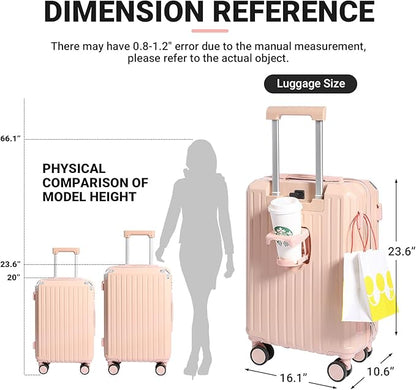 Luggage Set 3 Piece with Cup Holder and USB Charging Port, Hard Side Carry-on Luggage with Spinner Wheels, Lightweight Luggage for Travel, Business (Pink+Bag, Carry-On 20-Inch)