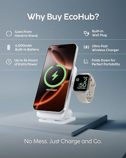 myCharge EcoHub 3-in-1 Magnetic Wireless Charger & Battery Pack for iPhone, iWatch, AirPods - 6,000mAh Battery | Built-in Wall Plug | 15W Magsafe Wireless Output | Foldable | Charging Station | Grey