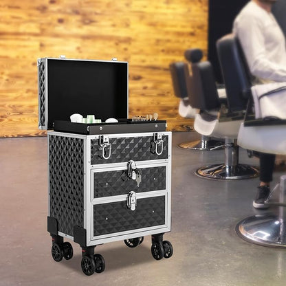 Aluminum Rolling Makeup Train Case, Portable Lockable Makeup Organizer Suitcase, Stylist Cosmetic Luggage Travel Trolley w/4 Removable Wheels & 2 Sliding Drawers