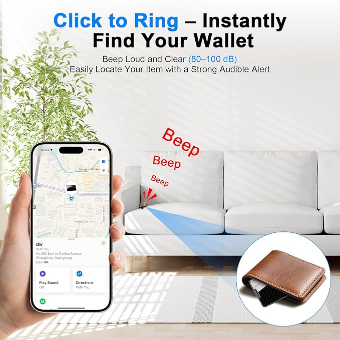 Compatible with AirTag Wallet Tracker, Smart Card Finder, Apple MFi Compatible (iOS Only), App Controlled Anti Loss GPS Tracker, IP68 Waterproof, Item Locator for Luggage Tags, Purses, Black
