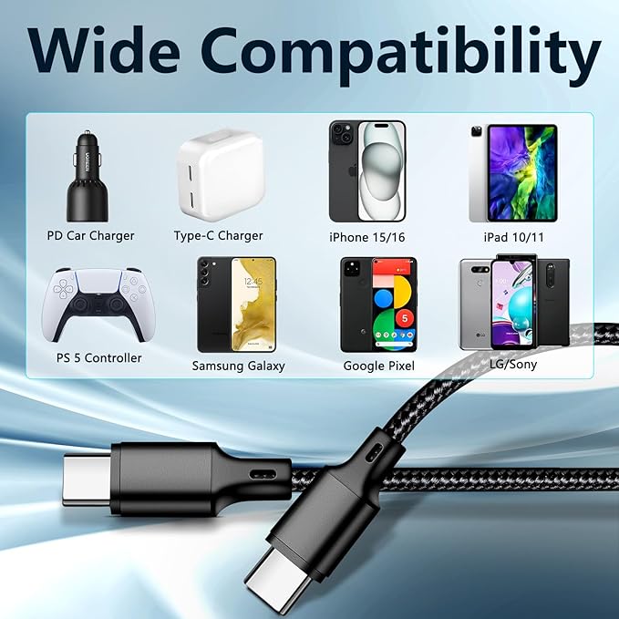 USB C to USB C Charger Cable, 5 Pack [3/3/6/6/10ft] Type C Fast Charging Cord High Data & Transfer Wire Compatible for iPhone 17/16/15 Plus/Pro Max iPad Pro Air Ps5 Controller Samsung Galaxy(Black)