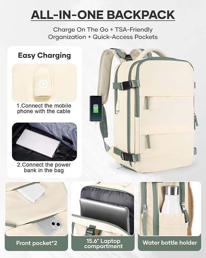 wepadre Vacuum Backpack Travel with Pump Travel Backpack with Vacuum System Easy Vac Pack Backpacks Vacpack Compression Backpacks Mochila de Viaje Compresion al Vacio Beige with green