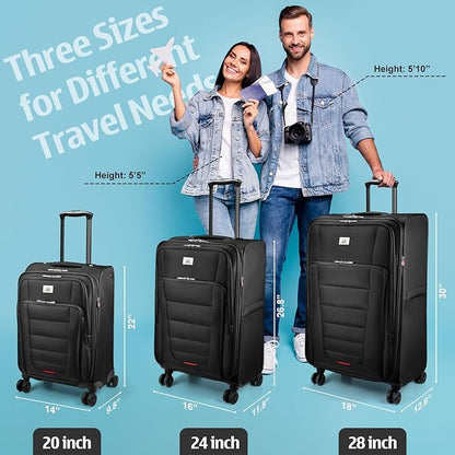 Verdi Luggage Sets of 2 Suitcase with Spinner Wheels Softside Expandable, Carry On Luggage with USB Port (Black, 2-Piece set(20/28))