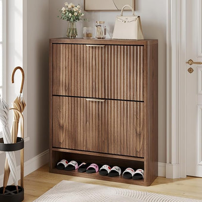Fluted Shoe Cabinet Storage with 2 Flip Drawers, Narrow Shoe Storage Organizer for Entryway, Hidden Slim Wooden Shoe Rack Cabinet for Front Door Entrance, Hallway, Living Room (2-Drawer, Walnut)