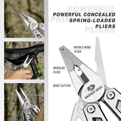 MOSSY OAK Multitool, 21-in-1 Stainless Steel Pocket Knife with Screwdriver Sleeve, Self-locking Pliers with Sheath-Perfect for Outdoor, Survival, Camping, Hiking, Simple Repair