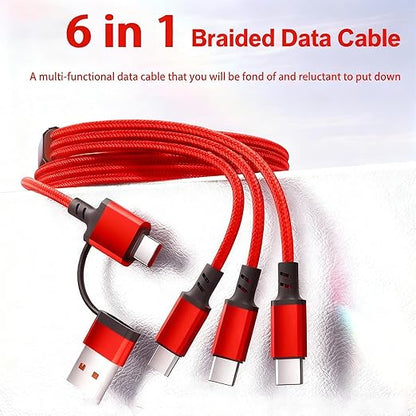 USB Cable PD Fast Charger Lighted Up (USB 6IN1 Braid Red),A Mobile Phone Data Cable, specifically a Fast Charging Cable, Crafted from Nylon Braided Material.