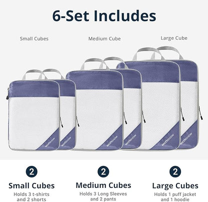 Compression Packing Cubes 6 Set, Compressible Space-Saving Packing Cubes for Travel - Compression Bags, Luggage Organizer, Travel Essentials for Women, Bluish Purple
