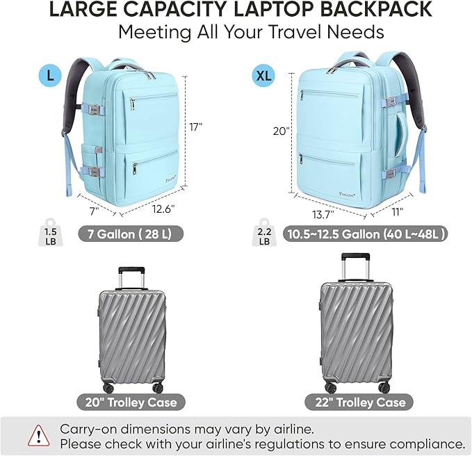 BALEINE Travel Backpack for Women Men, Large Sturdy Carry On Laptop Backpack Gifts for Business, Casual, Weekender, Hiking (XL, Light Blue)