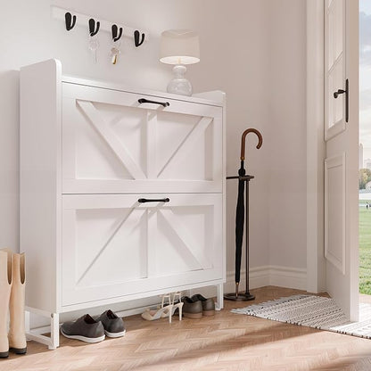 Betterhood Entryway Shoe Cabinet with 2 Flip Drawers, Slim Shoe Rack Cabinet, Freestanding Hidden Shoe Organizer Cabinet with Metal Legs, Shoe Cabniet for Entryway with Storage, Hallway, Foyer, White