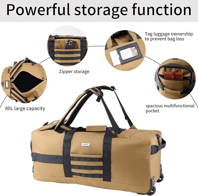 80L Waterproof Rolling Duffel Bag with Wheels,Rolling Garment Bag,Military Tactical Wheeled Foldable Backpack For Deployment Traveling Camping Sporting (Khaki)