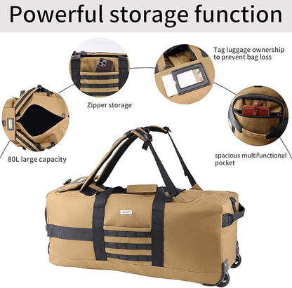 80L Waterproof Rolling Duffel Bag with Wheels,Rolling Garment Bag,Military Tactical Wheeled Foldable Backpack For Deployment Traveling Camping Sporting (Khaki)