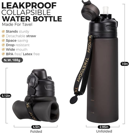 TakeToday Collapsible Water Bottles 20oz, Leak Proof, BPA-Free, Foldable Silicone Travel Water Bottle with Straw Strap for Cycling, Hiking, Outdoors