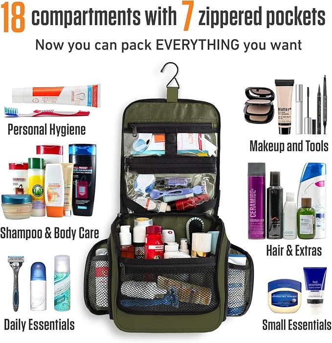 VENTURE 4TH Hanging Travel Toiletry Bag for Women & Men – Large Toiletry Organizer with 18 Compartments, Removable TSA Pouch, Travel Wash Bag for Toiletries, Makeup & Shaving Kit (Forest Green)