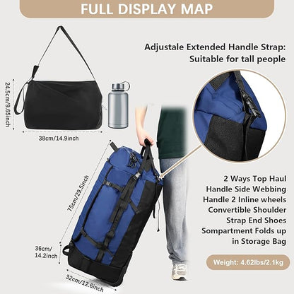 CONTAIL 86L Wheeled Duffel Bag, Soft Shell with Adjustable Web Handles, Carry On Size 29.5x14.2x12.6in, Foldable with Dual Wheels & Shoe Compartment,Navy
