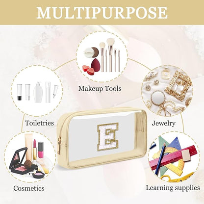 Small Clear Personalized Initial Makeup Bag,Nylon Preppy A-Z Chenille Letter Patch Cosmetic Pouch Beach Toiletry Bag,Waterproof Zipper Travel Purse Storage Bag Organizer for Women Girls(Beige-White E)