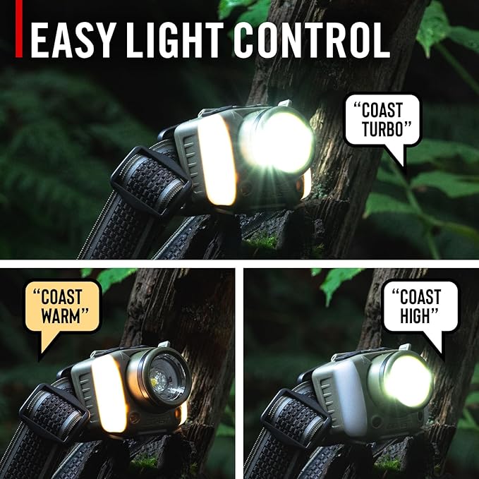 Coast FL97R Voice-Controlled 1200 Lumen Rechargeable LED Headlamp with Pure Beam® Spot & Flood, ARC Lighting, Red & Green Color Modes, Glide Focus™ Radial Arm Dial and USB-C Charge Port, Grey