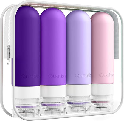 Quatish Travel Bottles for Toiletries, Original Patented Leak Proof Travel Size Containers, 3 oz Tsa Approved Silicone Shampoo and Conditioner Bottles, 4 Pack,，Purple
