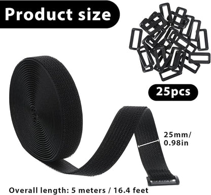 1" x 16ft Hook and Loop Straps with 25 Metal Buckles, Adjustable Fastening Cable Straps, Black Reusable Fastening Cable Ties, Adjustable Multi-Purpose Cable Straps for Organizer or Storage