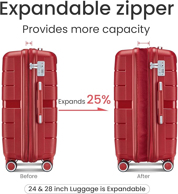 Merax Luggage Set 4 Piece Suitcase with Case Expandable Spinner Wheels Hardshell Airplane Approved Luggage Sets,Wine Red,14/20/24/28