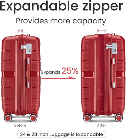 Merax Luggage Set 4 Piece Suitcase with Case Expandable Spinner Wheels Hardshell Airplane Approved Luggage Sets,Wine Red,14/20/24/28