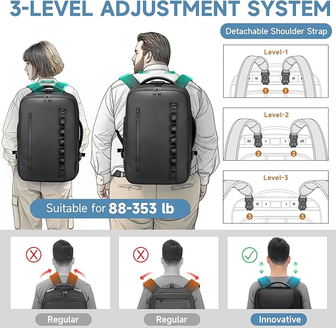 Travel Rolling Backpack,3 in 1 Carry on Backpack Flight Approved,Waterproof Personal Item Bag with Detachable Backpack,Extra Luggage Backpack 50L for Work Teacher College,Black