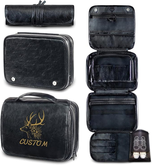 Custom 3-in-1 PU Leather Toiletry Bag for Men - Personalized Hanging Travel Organizer with Multiple Compartments for Father, Husband, Boyfriend - Business Trip Gift (Black)