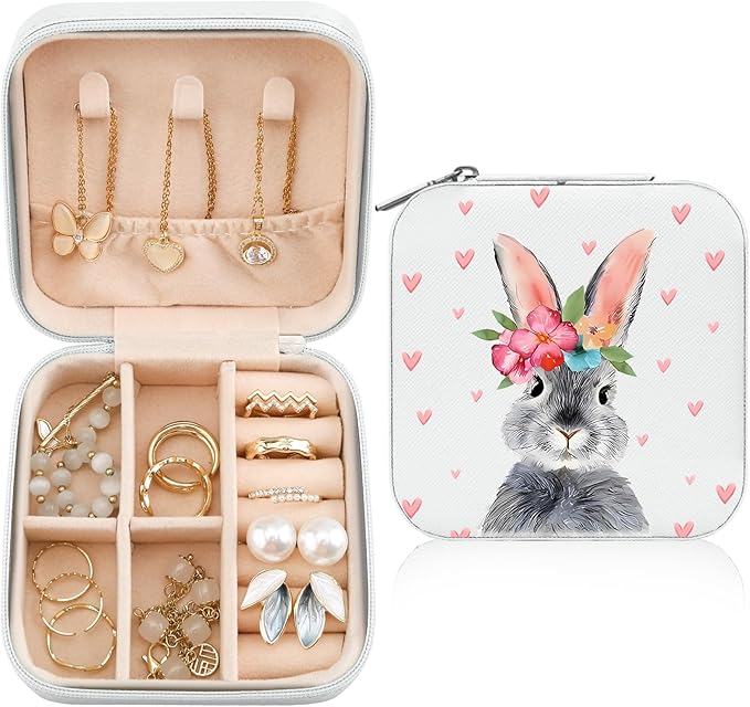 MAYCARI Jewelry Box with Cute Bunny Pattern Design, PU Leather Jewelry Travel Organizer Case-Rings/Earrings/Necklace Storage Box for Women Birthday Mom Friends Her Bridesmaids Girls s
