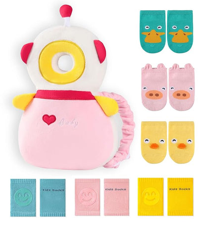 JunNeng Toddler Baby Head Protector Backpack for Toddler Walker with Knee Pads&Anti-Slip Socks, Robot Pink