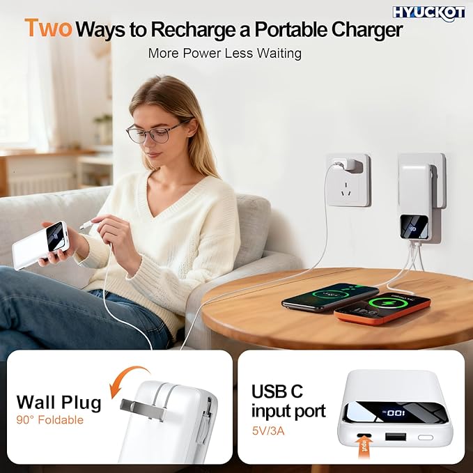 Portable Charger Power Bank with Built-in Cables and Wall Plug, 10000mAh Slim USB-C Battery Pack, 15W Fast Charging Travel Essential Portable Phone Charger Compatible with iPhone, Samsung (White)