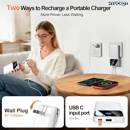 Portable Charger Power Bank with Built-in Cables and Wall Plug, 10000mAh Slim USB-C Battery Pack, 15W Fast Charging Travel Essential Portable Phone Charger Compatible with iPhone, Samsung (White)