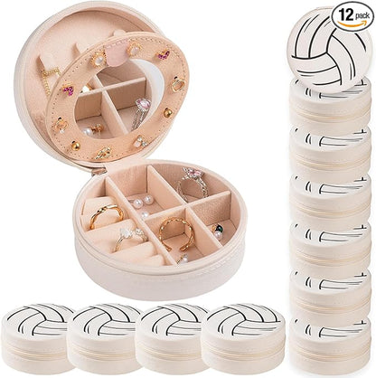 12-Pack Volleyball Mini Travel Jewelry Case With Mirror Round Volleyball Stuff Portable Jewelry Organizer Storage Case for Christmas Sports Team Club Lovers Birthday Goodie Favors Gifts (Mirror)