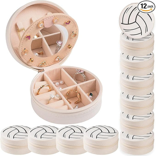 12-Pack Volleyball Mini Travel Jewelry Case With Mirror Round Volleyball Stuff Portable Jewelry Organizer Storage Case for Christmas Sports Team Club Lovers Birthday Goodie Favors Gifts (Mirror)