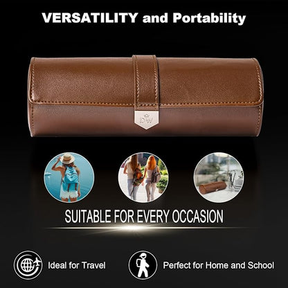 DUKWIN Watch Roll for 3 Watches, Vegan Leather Travel Watch Case Organizer with Removable Pillows for Men and Women,Display Case for Watches Collection and Gift for Anniversary Birthday(Brown Storage)