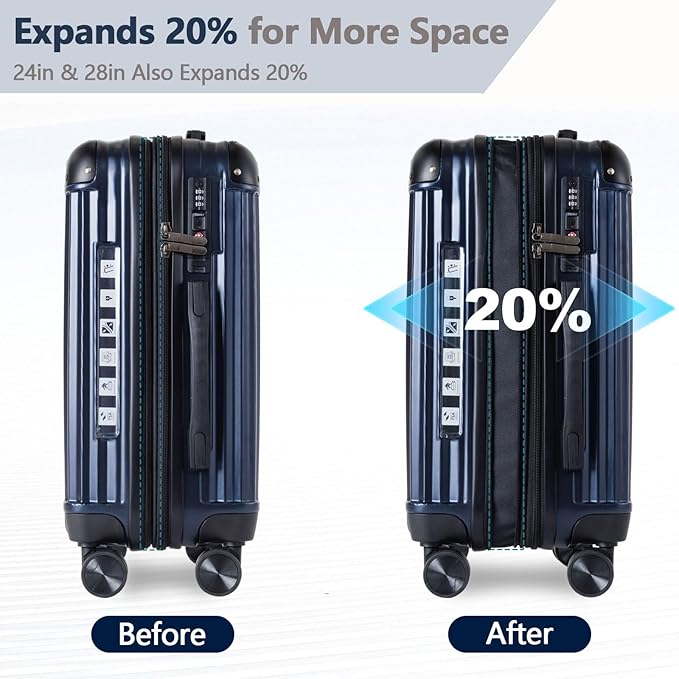OUZZO 20 Inch Expandable Carry On Luggage 22x14x9 Airline Approved Hardshell Suitcases with Wheels Durable Lightweight Travel Luggage with TSA Lock USB Port for Business Trip Weekend Getaway