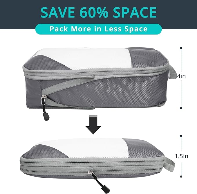 Compression Packing Cubes 10 Set, Compressible Space-Saving Packing Cubes for Travel - Compression Bags, Luggage Organizer, Travel Essentials for Women, Grey