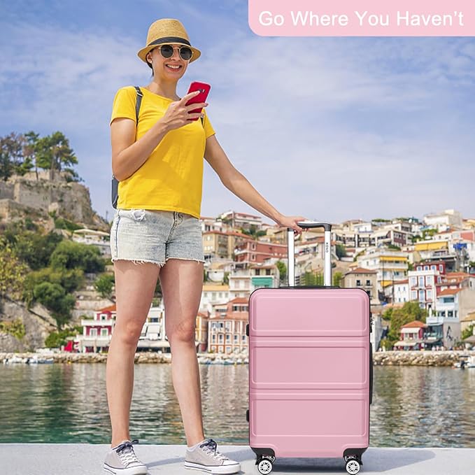 Kono 24 Inch Luggage Suitcase with Spinner Wheels TSA Lock Lightweight PC+ABS Hardside Medium Checked Luggage Durable Rolling Suitcase Pink