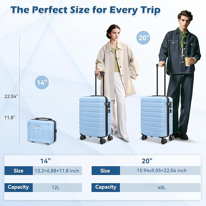 AnyZip Suitcase, 20" Carry On Luggage 14" Mini Cosmetic Cases Luggage Sets Hardside PC ABS Lightweight USB Suitcase with Wheels TSA for kids (2 Piece Set 14/20, Light blue)