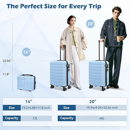 AnyZip Suitcase, 20" Carry On Luggage 14" Mini Cosmetic Cases Luggage Sets Hardside PC ABS Lightweight USB Suitcase with Wheels TSA for kids (2 Piece Set 14/20, Light blue)
