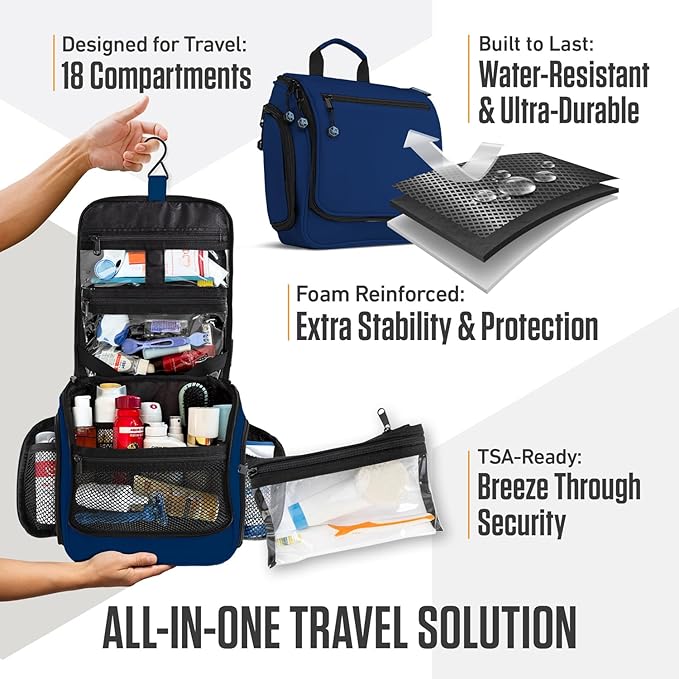 VENTURE 4TH Hanging Travel Toiletry Bag for Women & Men – Large Toiletry Organizer with 18 Compartments, Removable TSA Pouch, Travel Wash Bag for Toiletries, Makeup & Shaving Kit (Navy Blue)