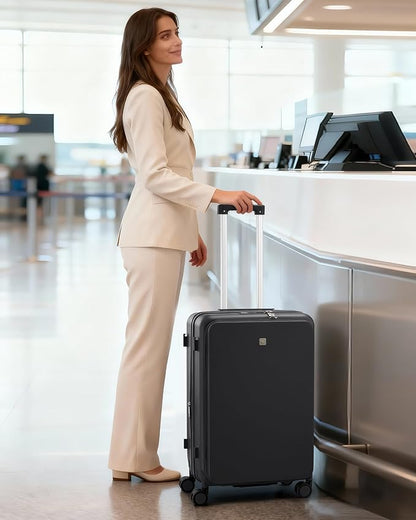 Hanke 24Inch Expandable Luggage Top Opening Medium Checked Luggage Hard Shell Suitcases with Wheels Travel Luggage Rolling Suitcase with Cup Holder(Jet Black)